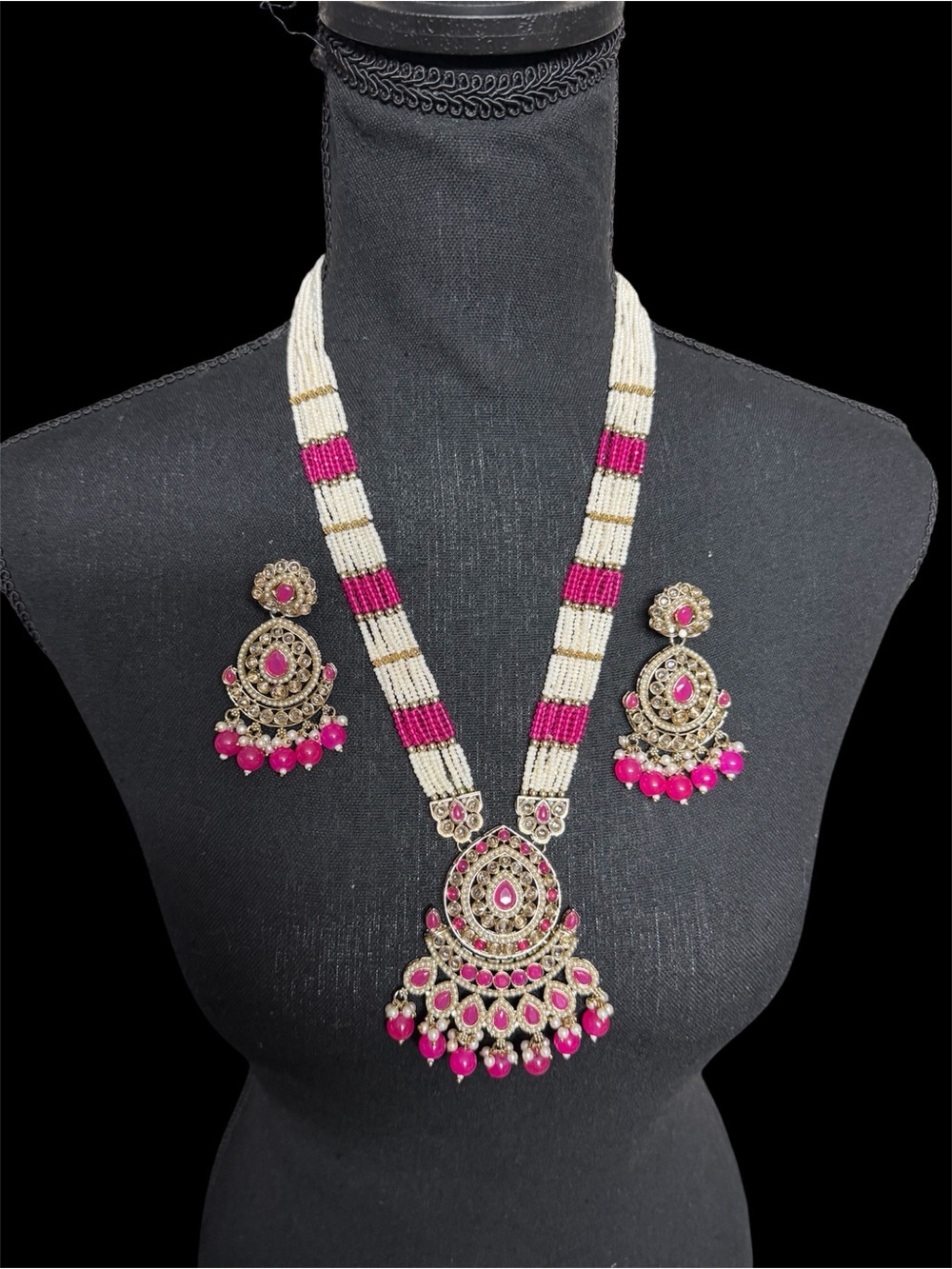 Pink and White Beaded Bridal Necklace Set with Earrings